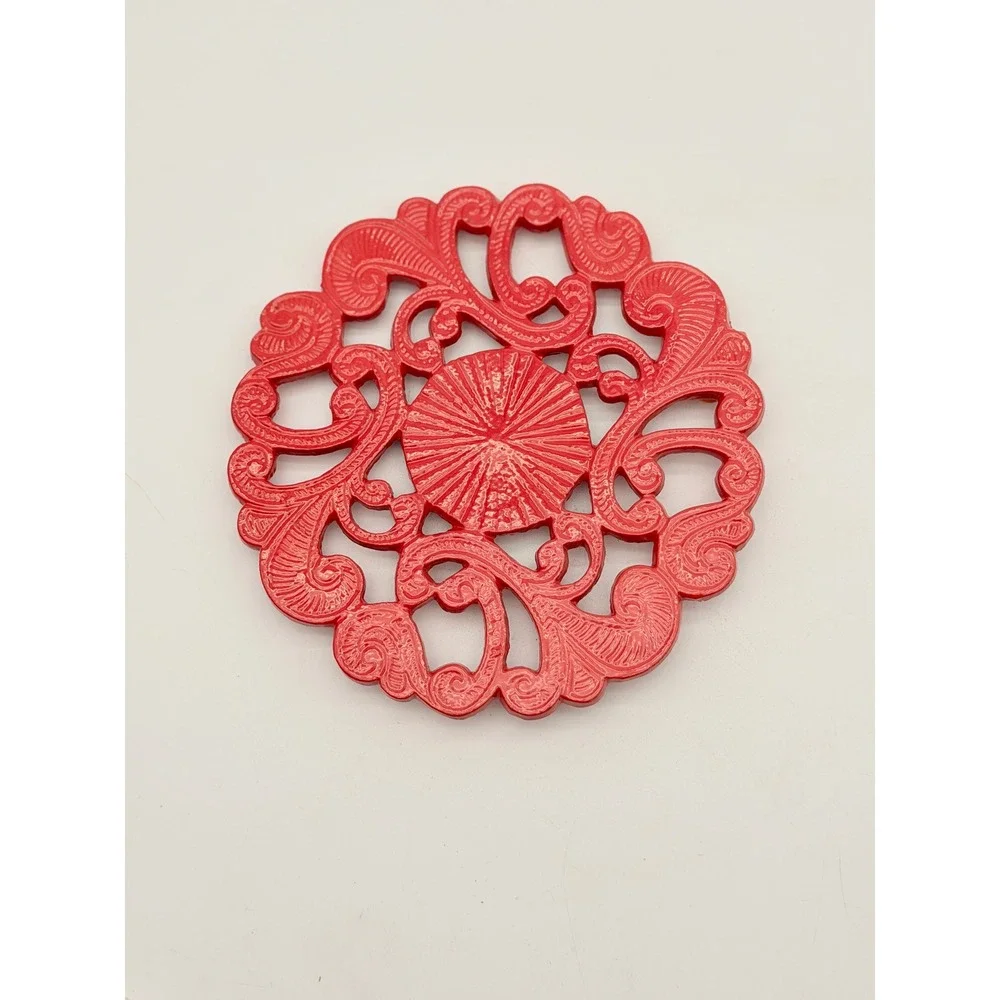 Vintage Red Cast Iron Trivet Round Enamel Filigree Scrollwork 8 Inch Hot Pad